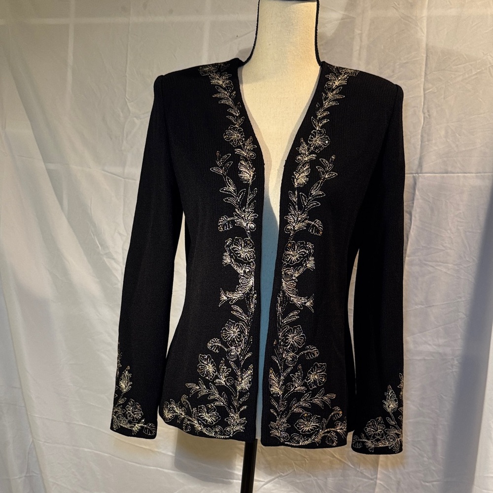 St. John Black Evening Jacket with Silver Embroidery